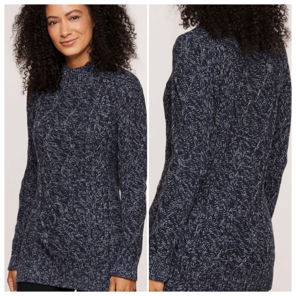 Overland | Midnight Blue Marl Fisherman Style Chunky Cable Knit Tunic Sweater Lg - Picture 2 of 8